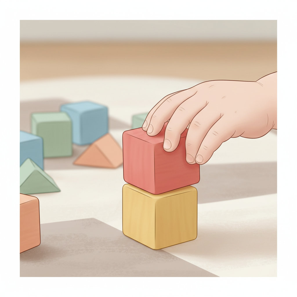 A toddler's hands carefully stacking colorful wooden blocks on a light-colored play mat.