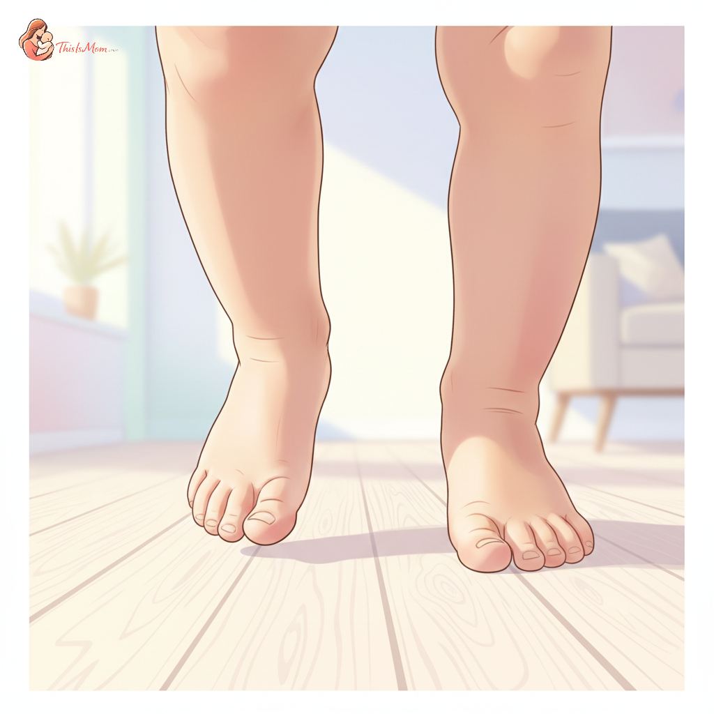 Toddler's feet in motion, showing only the tip of their toes touching the ground, with blurring to suggest movement against a soft, unfocused background