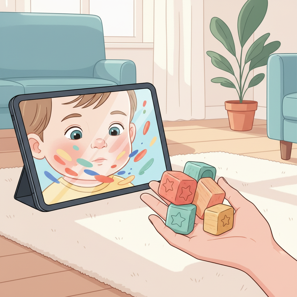 A toddler's hands reaching for a tablet displaying a colorful YouTube Shorts video, with a parent's gentle hand on their shoulder to offer an alternative activity like building blocks nearby.