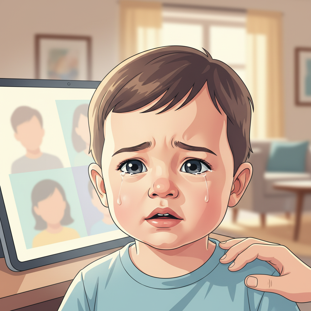 A sad or frustrated toddler looking away from a phone screen showing a blurred family member on a video call, with a parent's comforting hand gently resting on the child's back.