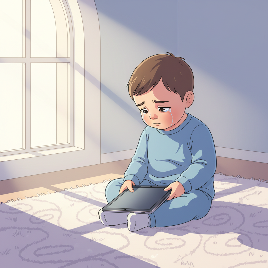 A toddler sitting on the floor, looking overwhelmed and distressed while holding a tablet.