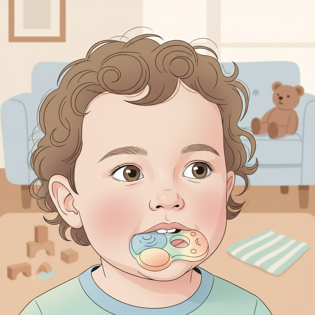 A contemplative toddler, around 2.5 years old, is gently inspecting a soft, safe sensory toy with their mouth, while sitting on a colorful play mat surrounded by other age-appropriate toys.