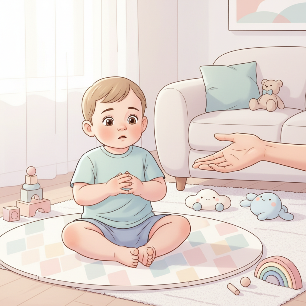 A sad or hesitant toddler sitting on the floor, looking up at a parent's outstretched hand, with soft toys around them, in a safe and brightly lit play area.