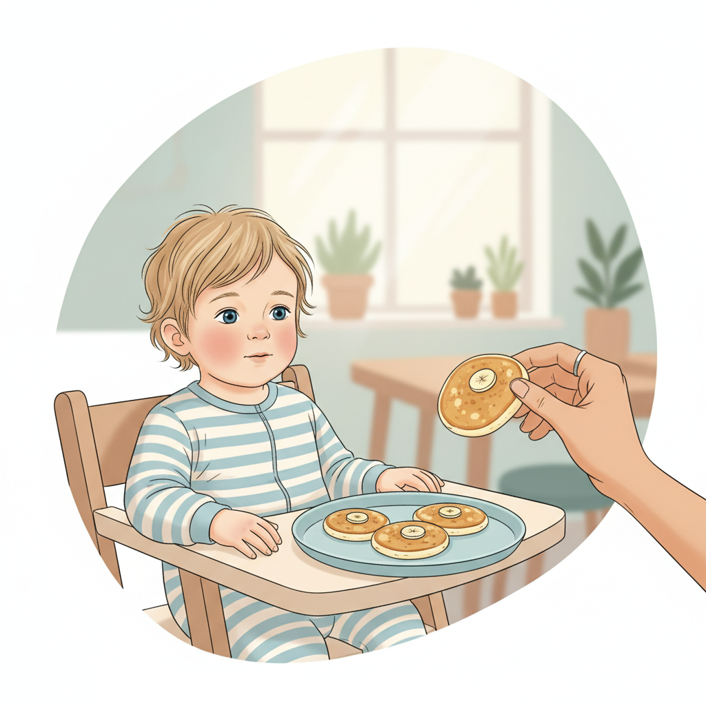 A parent gently offering a small portion of banana pancakes to a toddler sitting at a high chair.