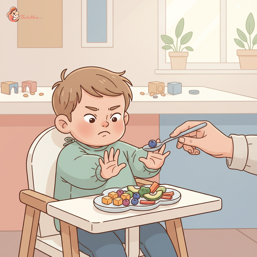 A toddler, arm outstretched emphatically, pushing away a small plate with colorful cut-up fruit and vegetables, while a parent's hand gently attempts to offer it. The background shows a messy high chair and a kitchen setting, conveying the typical challenge of mealtime with a picky eater.
