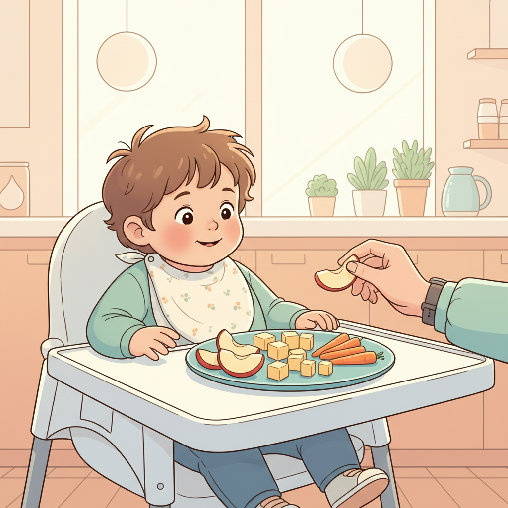 A toddler in a high chair looking at a plate of healthy food (sliced fruit, cheese, crackers) with a parent's hand gently guiding them, in a brightly lit kitchen.