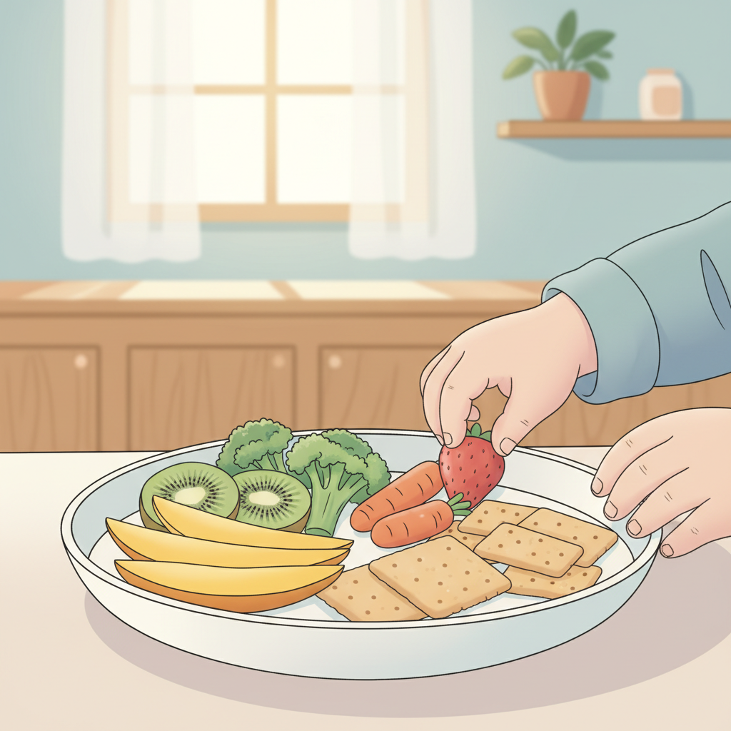 A diverse plate of colorful, appealing toddler food with tiny hands reaching for a piece, symbolizing gentle food exploration and variety.