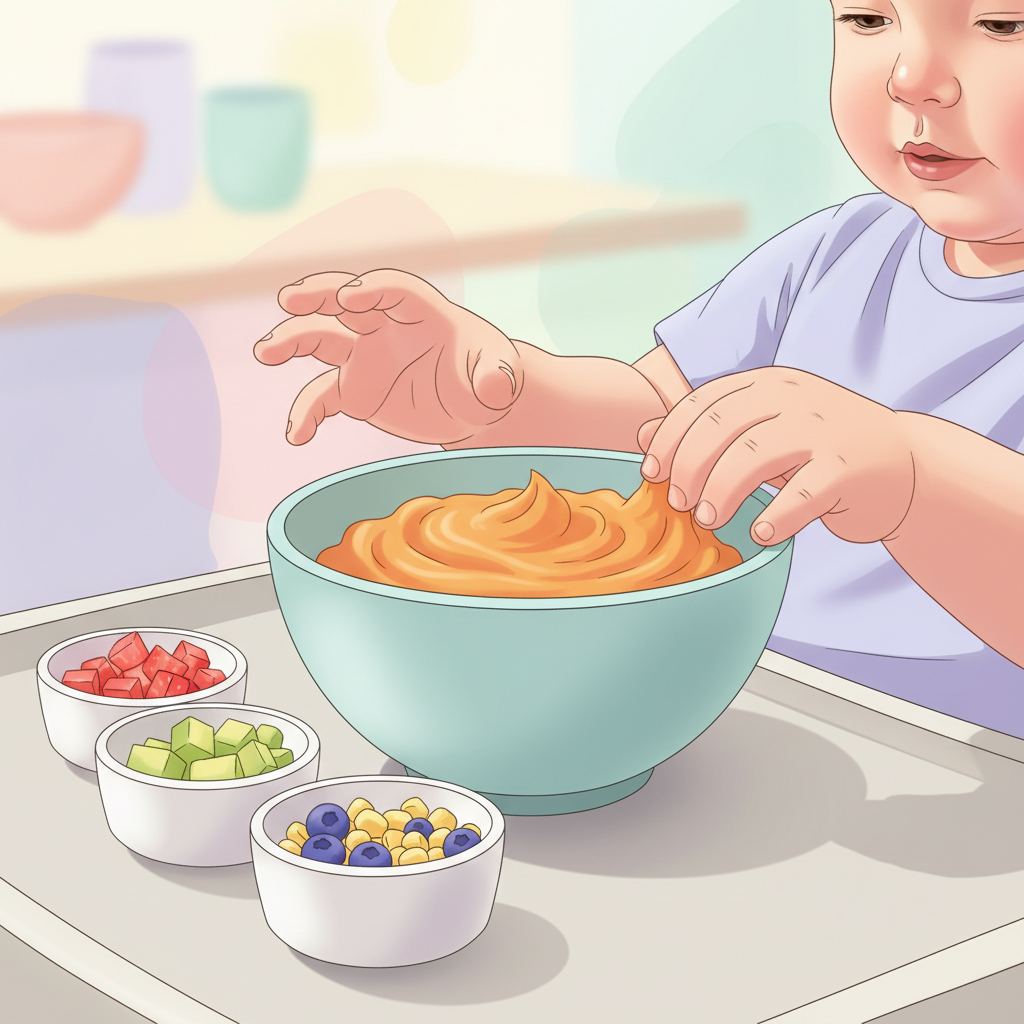 Toddler curiously inspecting a small bowl of mashed sweet potato with a spoon, surrounded by other small, colorful food portions, with a parent’s gentle hand nearby.
