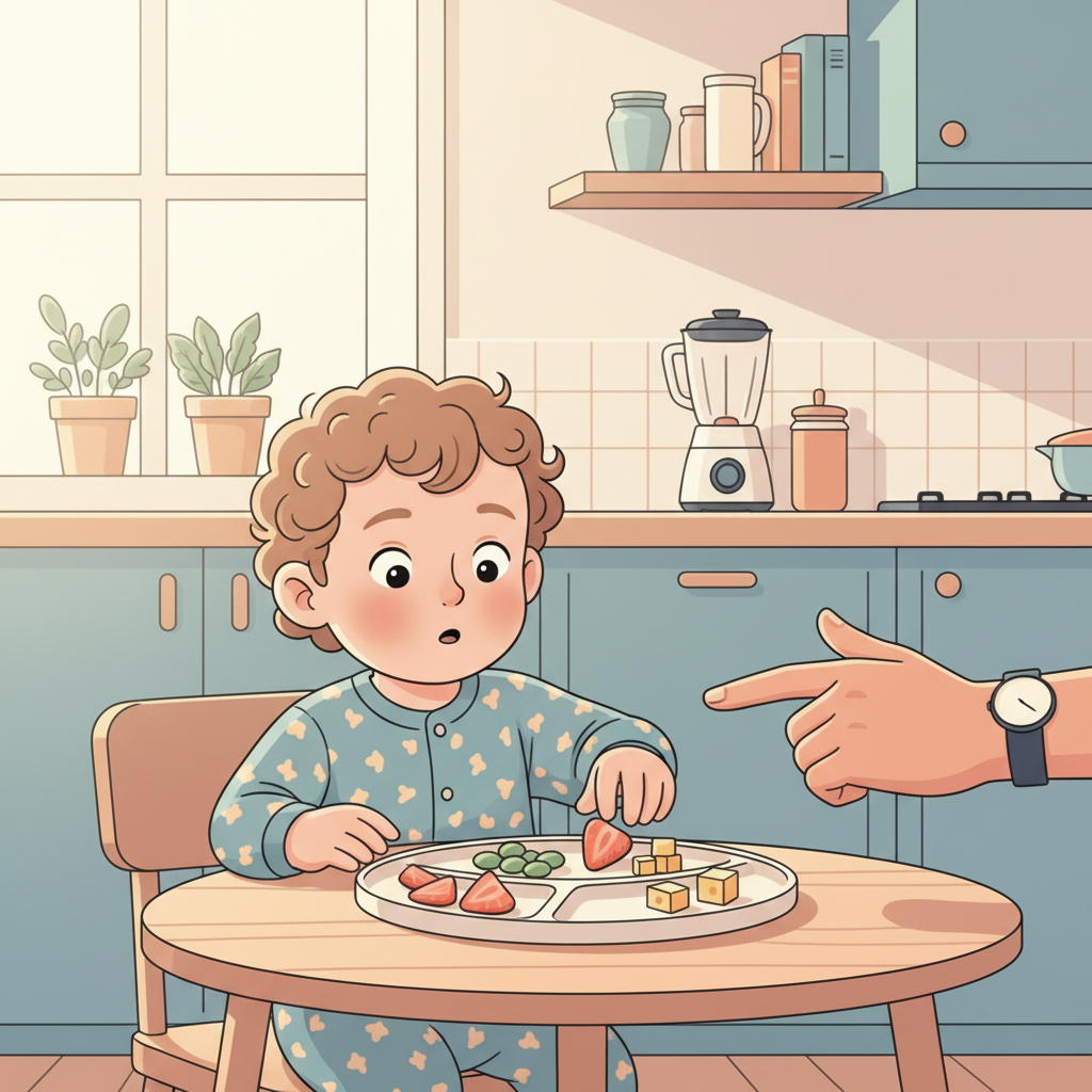A toddler, smiling and curious, looking at a plate with various colorful, healthy food options cut into fun shapes, with a parent's hand gently guiding them.
