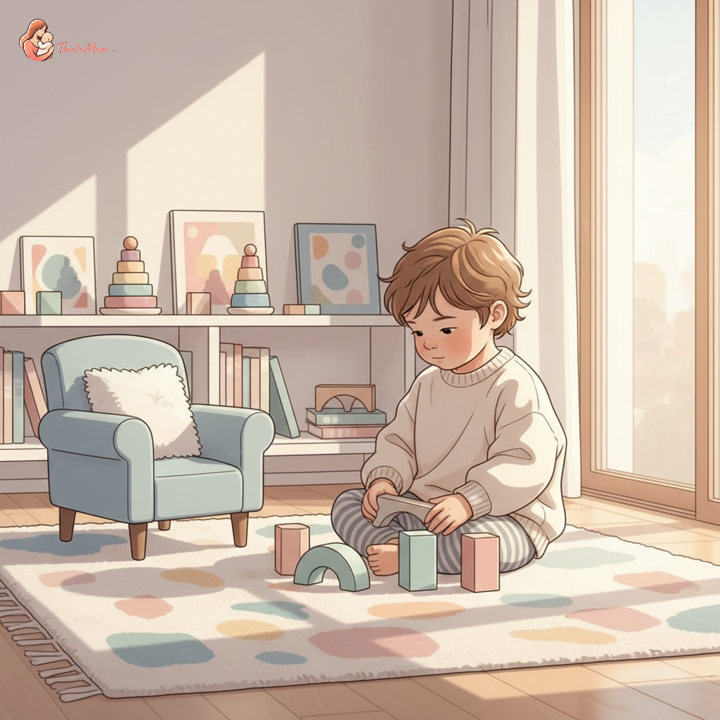 A toddler sitting comfortably in a brightly lit, cozy 'quiet zone' filled with soft pillows and a variety of appealing, age-appropriate independent play items like books, blocks, and a simple puzzle. The child is engrossed in an activity, looking peaceful and engaged.