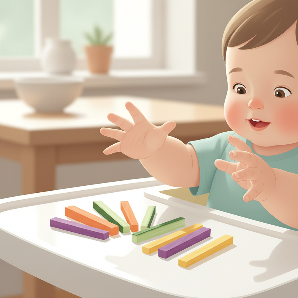 Toddler happily playing with colorful bell pepper strips on a high chair tray.