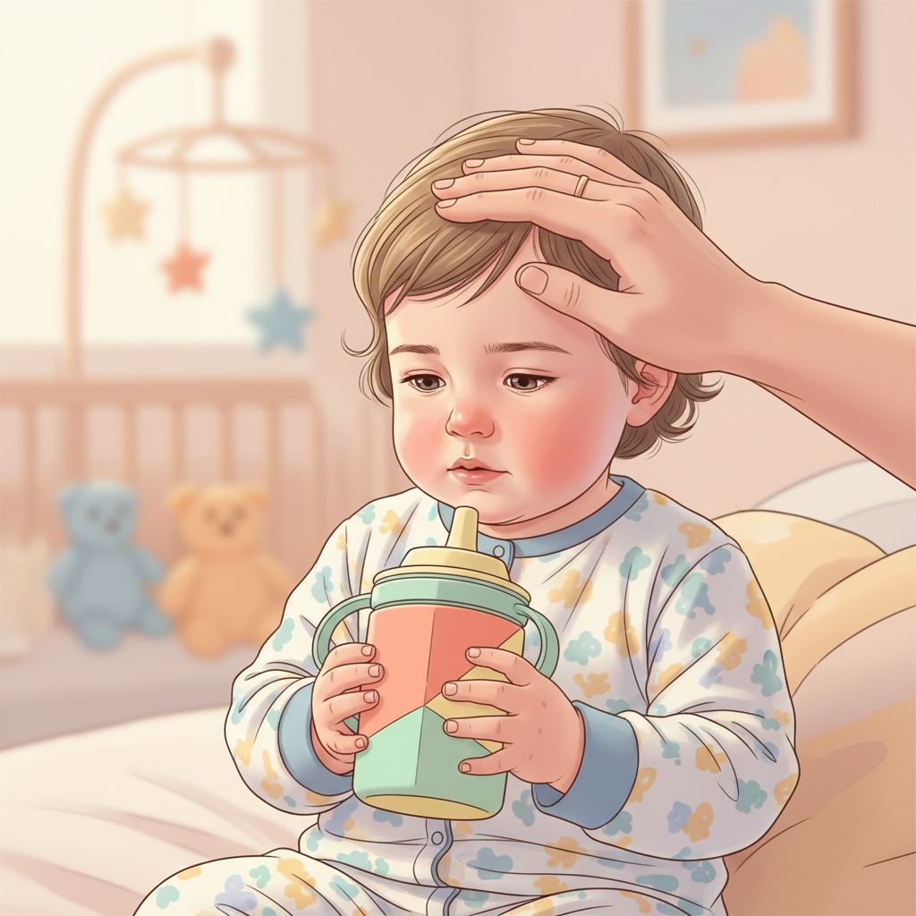 A sad, sleepy toddler with slightly flushed cheeks, holding a colorful sippy cup but not drinking. A worried but calm parent's hand gently rests on the toddler's forehead, checking for fever. The scene portrays gentle concern and comfort.