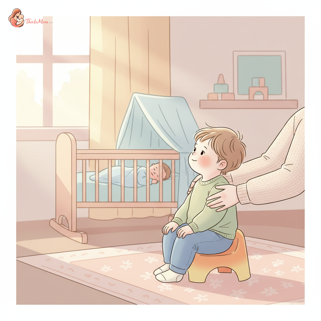 A toddler, looking a bit confused or thoughtful, sitting on a small potty next to a crib where a newborn baby is sleeping. The toddler is holding a favorite toy, and a parent's gentle hand is reassuringly on their shoulder.