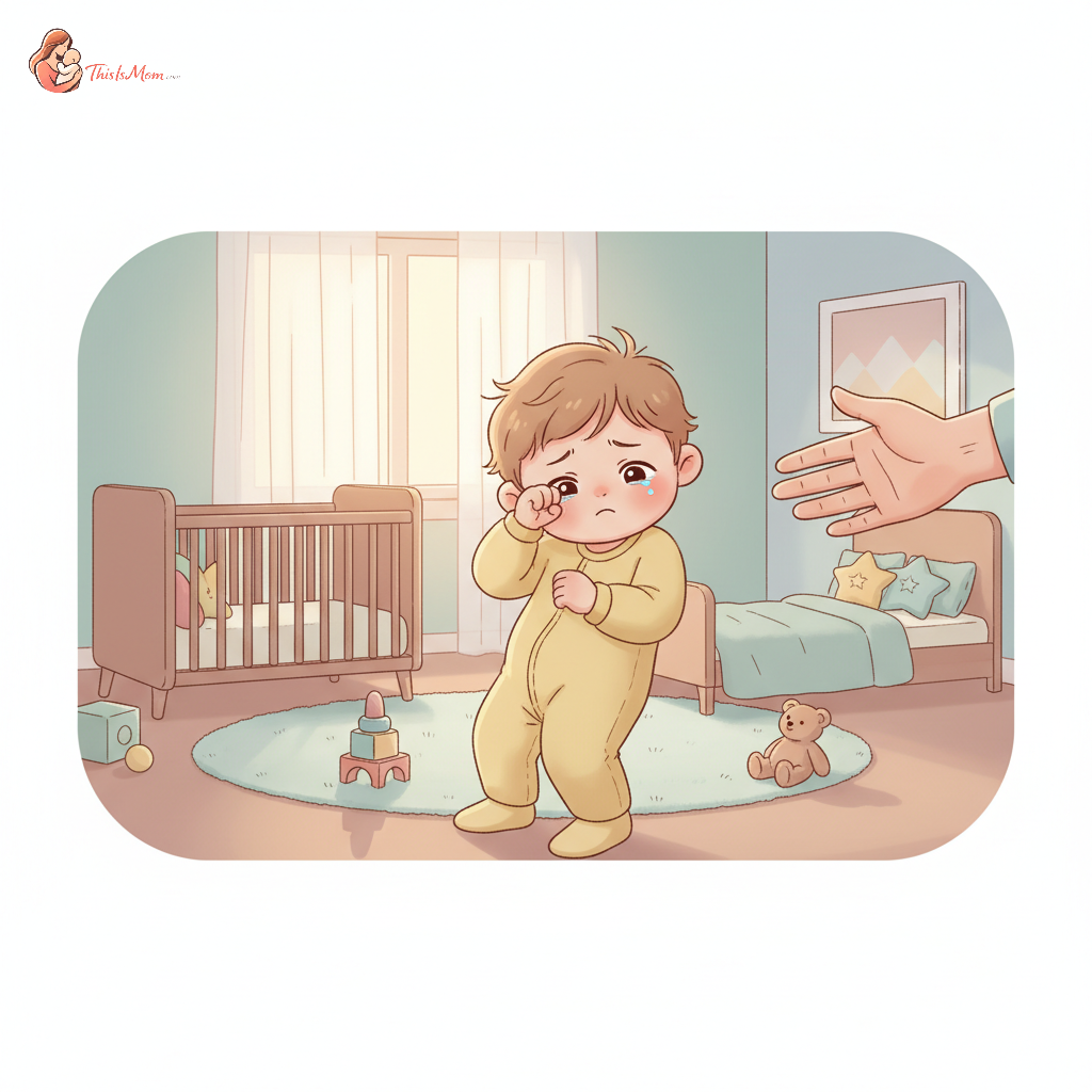 A tired toddler, rubbing their eyes and looking sleepy, but actively resisting a parent's gentle attempt to guide them towards a naptime routine in a cozy bedroom.