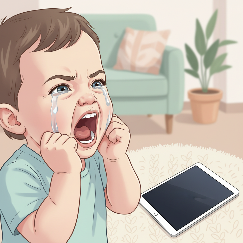 Close-up of a toddler's face contorted in a scream of frustration as a dark, uncharged tablet lies next to their hand. The background is slightly blurred showing a living room with toys.