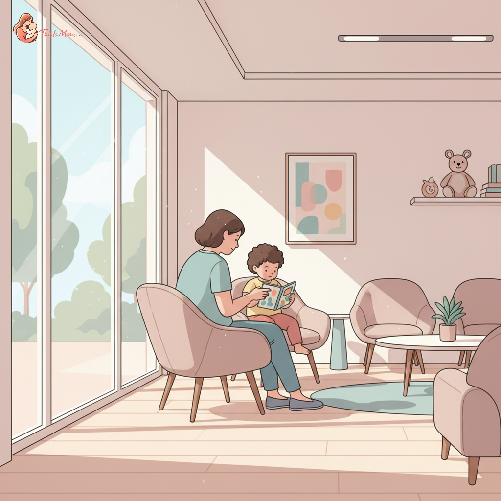 A parent and a calm toddler quietly engaging with a small activity book in a brightly lit doctor's waiting room, surrounded by soft, comfortable chairs.