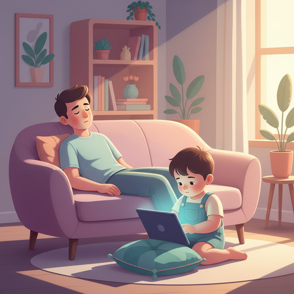 A parent lying on a couch, looking tired but smiling gently at their toddler who is watching a tablet device.