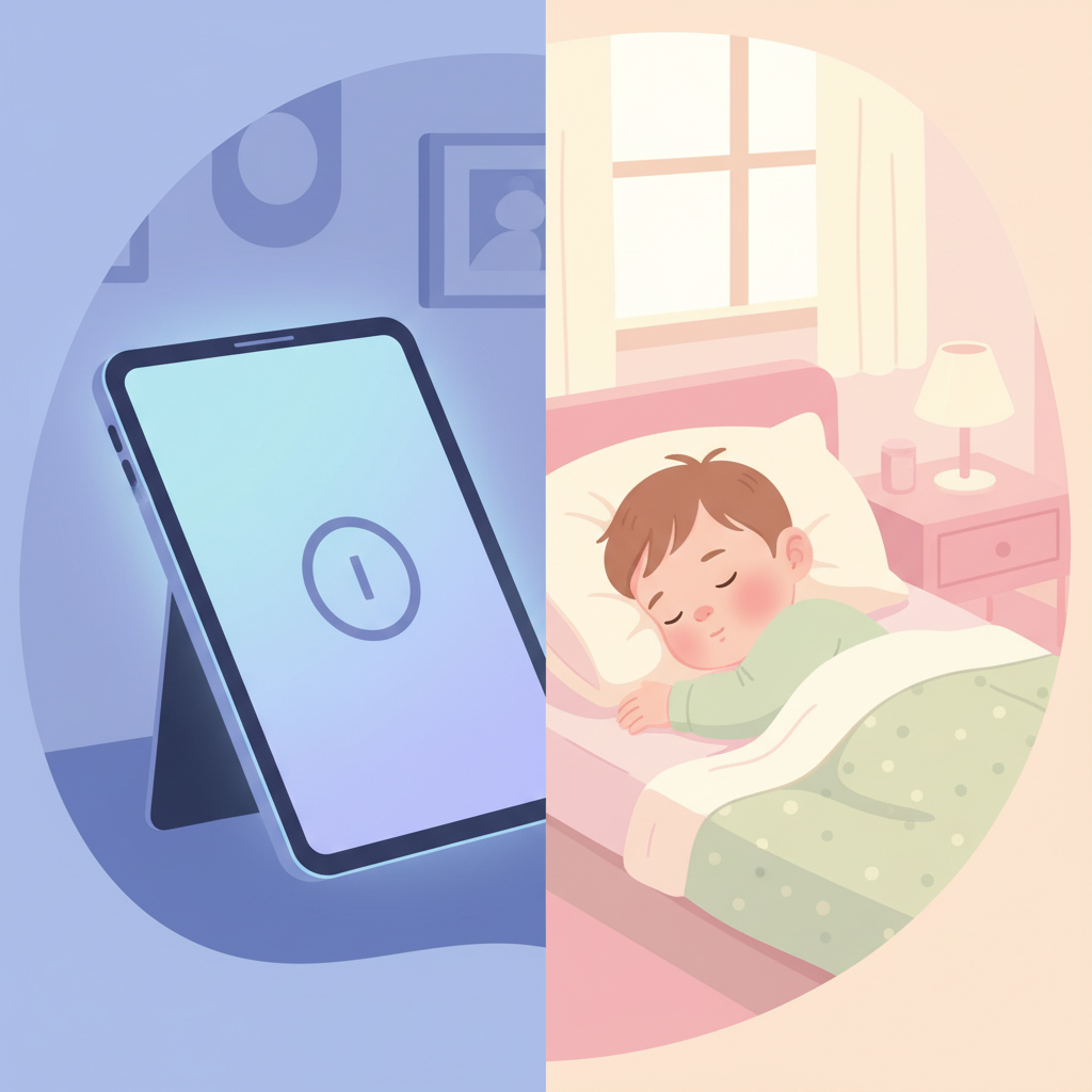 An animated clock displaying 'bedtime' with a dark screen, paired with a peacefully sleeping toddler in a cozy, dim bedroom, suggesting the impact of screen time on toddler sleep.