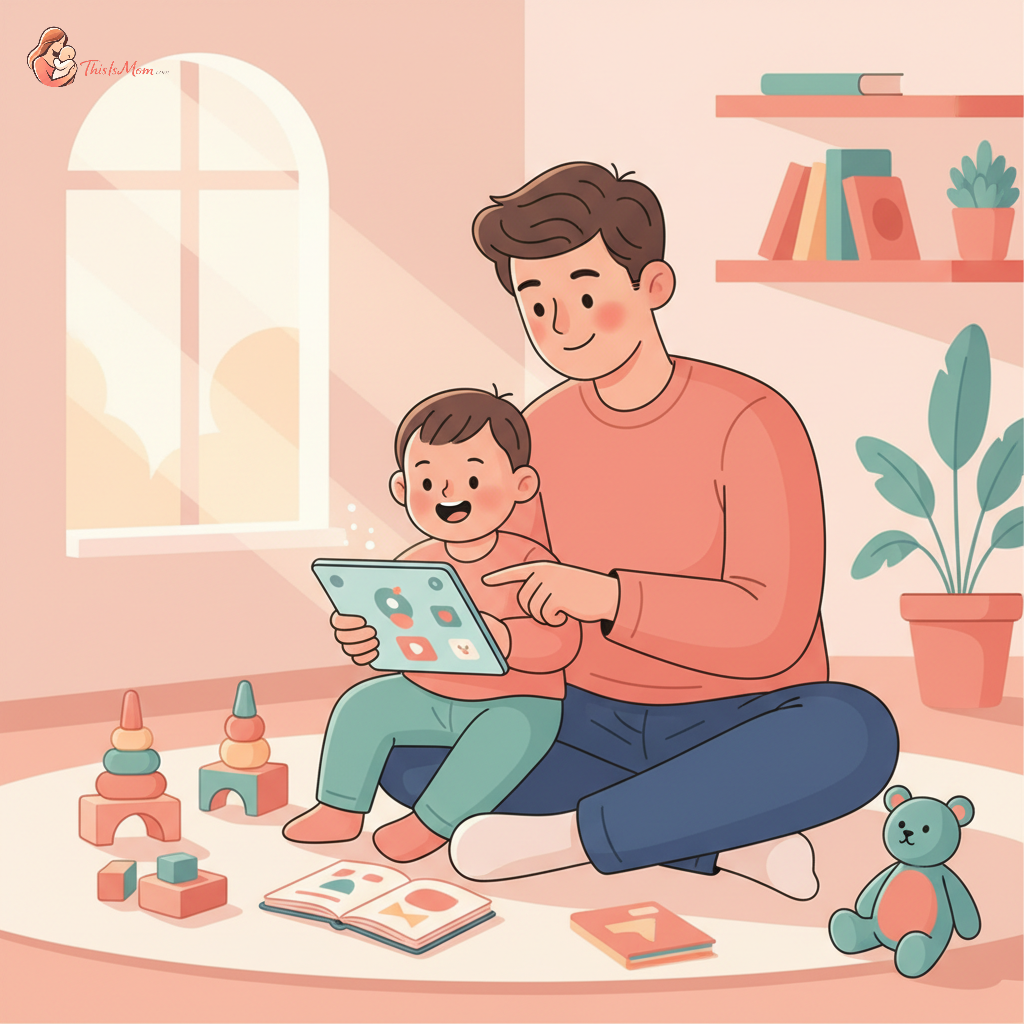 A parent and toddler happily co-viewing educational content on a tablet together, with other non-screen toys visible in the background, suggesting balance.