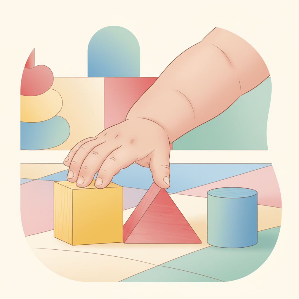 Close-up of a toddler's hand resting on a colorful, clean toy on a light-colored surface.