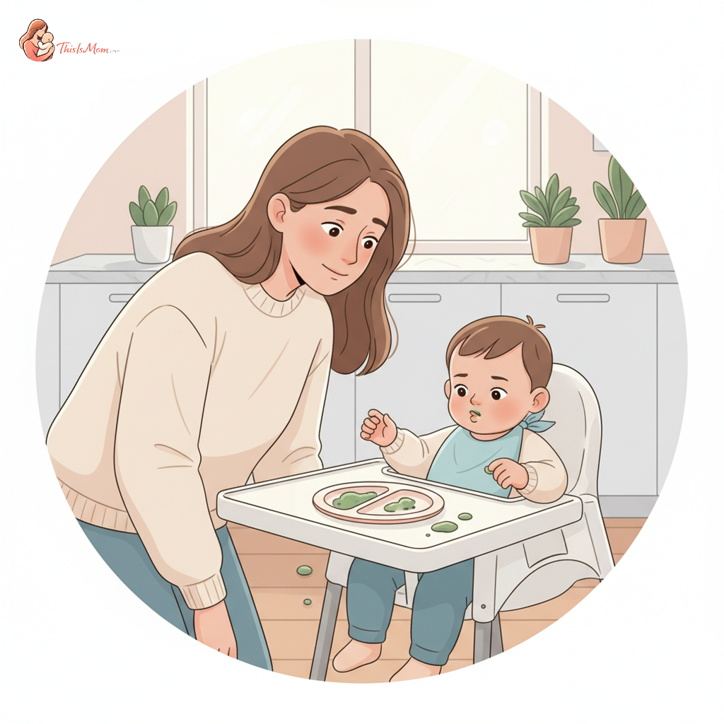 A contemplative parent looking at their toddler sitting in a high chair, with a small plate of food rejected or partially eaten, indicating mealtime frustration.