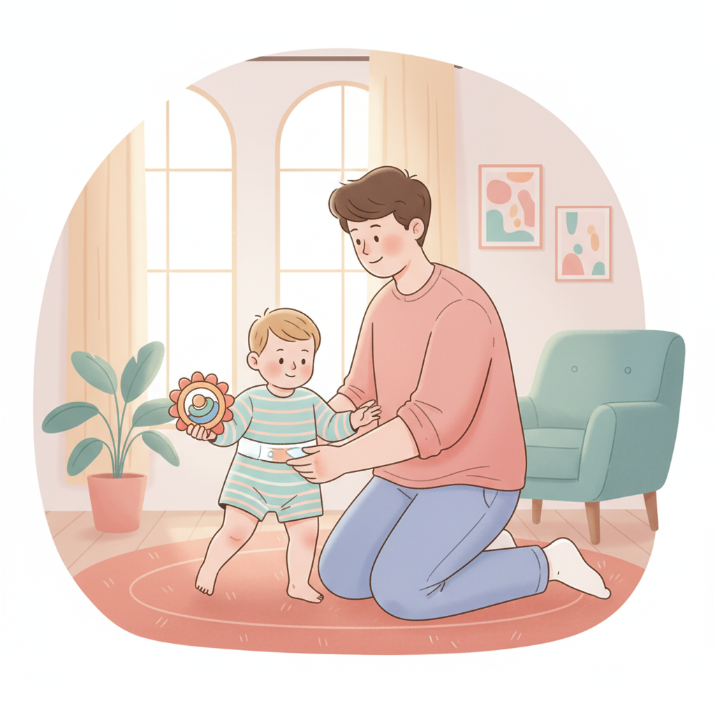 A parent gently changing a toddler's diaper on the floor, surrounded by a few colorful, distracting toys, with the parent and child engaging playfully, showing cooperation rather than resistance.