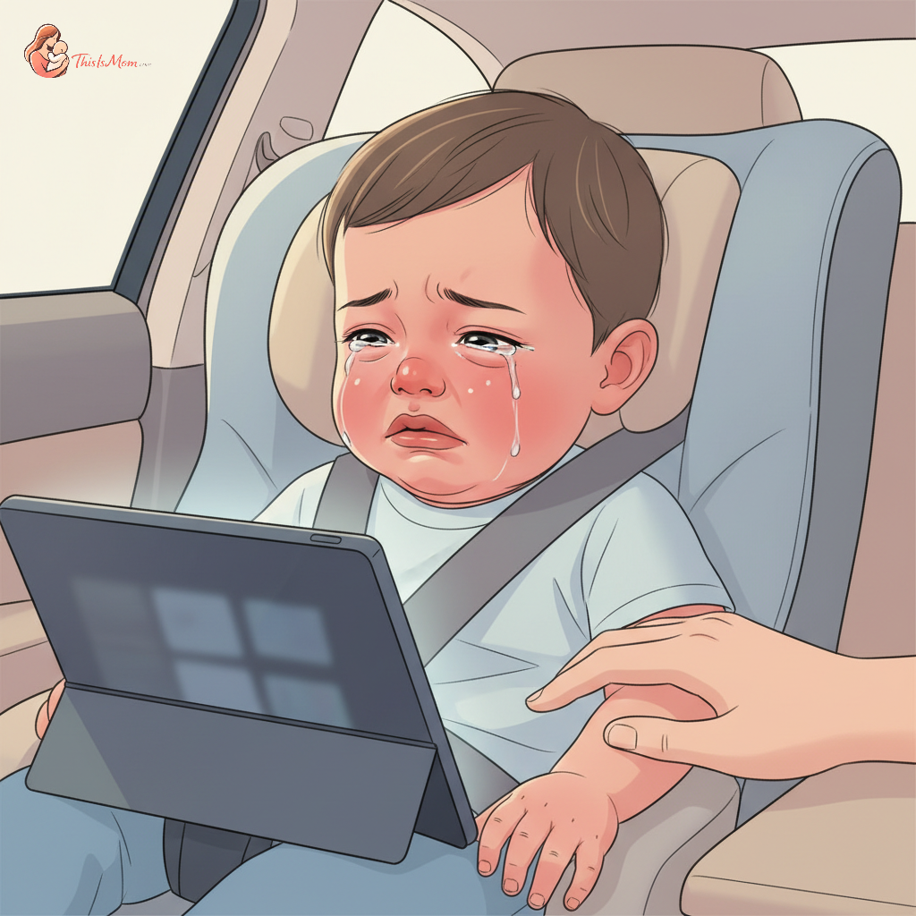 Toddler in a car seat looking upset with a tablet screen in the background, a parent's hand gently reaching out to comfort them.