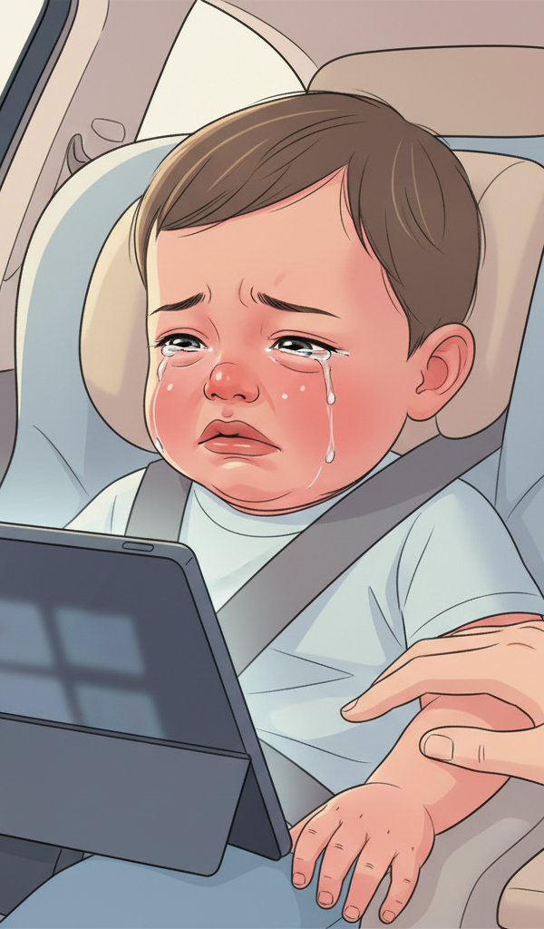 Toddler in a car seat looking upset with a tablet screen in the background, a parent's hand gently reaching out to comfort them.