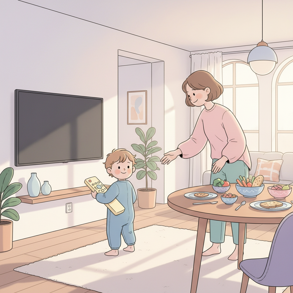 Happy toddler turning off a TV with a remote, parents gently guiding them towards a colorful dinner table with food