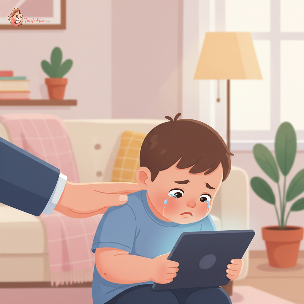 A toddler looking upset as a tablet screen turns black, while a parent gently offers a comforting hand. The scene is softly lit, emphasizing empathy and connection.