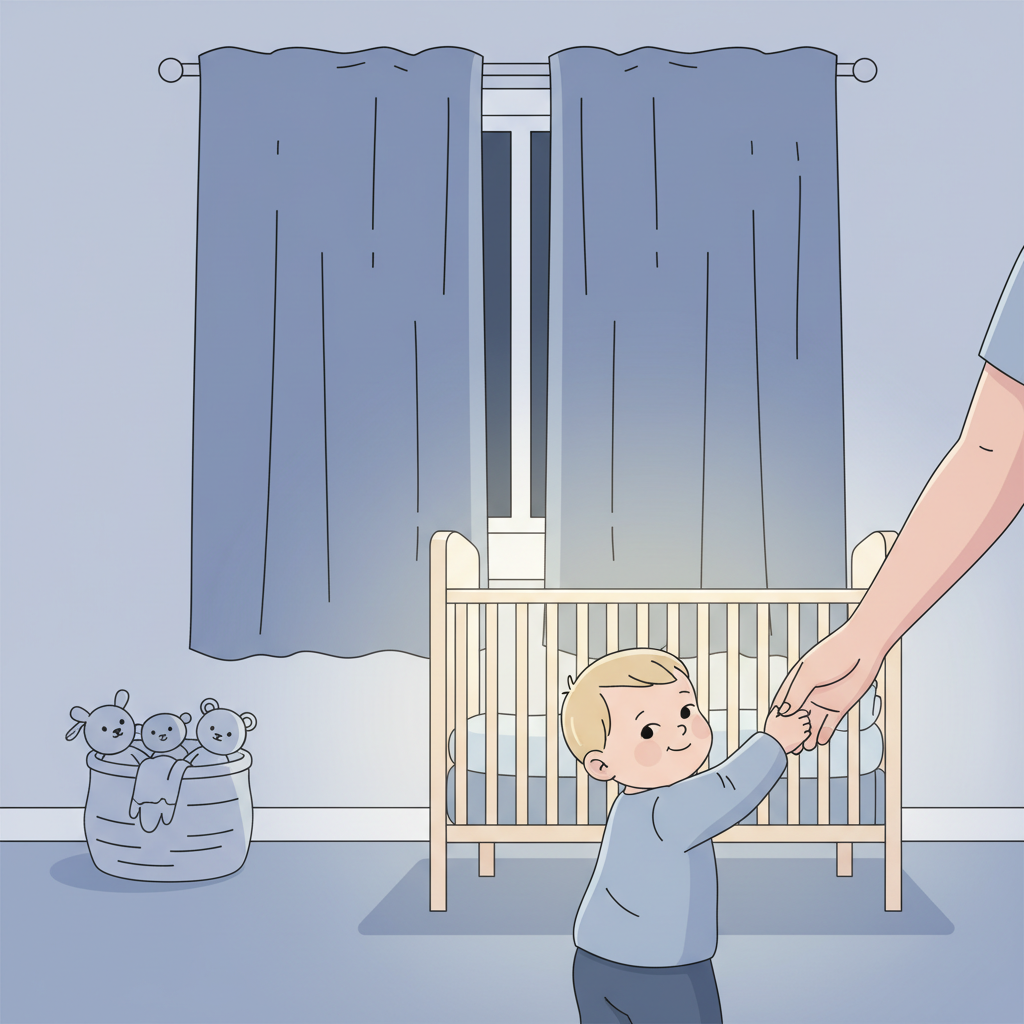 A tired-looking parent gently guiding a playful toddler back into their crib, which is set up in a darkened room with blackout curtains and a tucked-away toy basket.