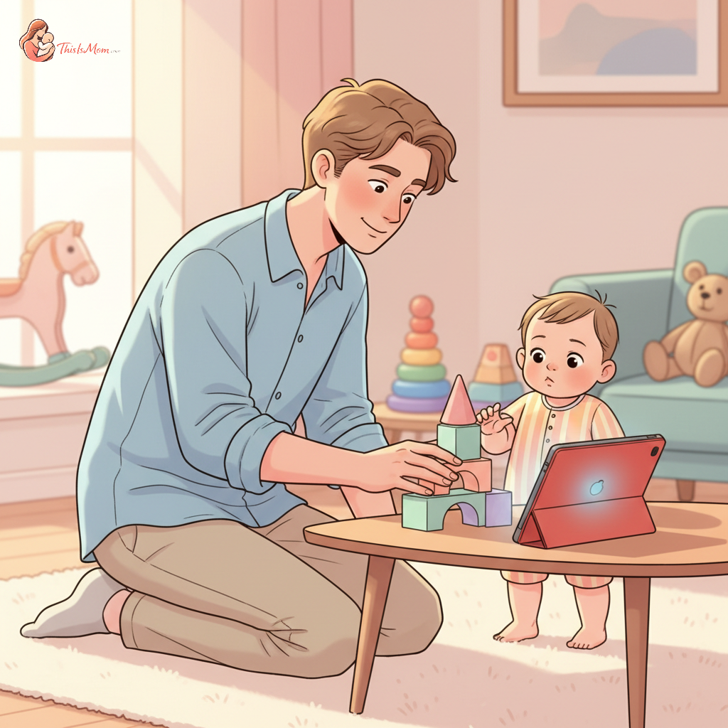 A calm parent gently redirecting a toddler who is reaching for an Amazon Fire tablet, with colorful blocks and books visible in the background, suggesting alternative activities.