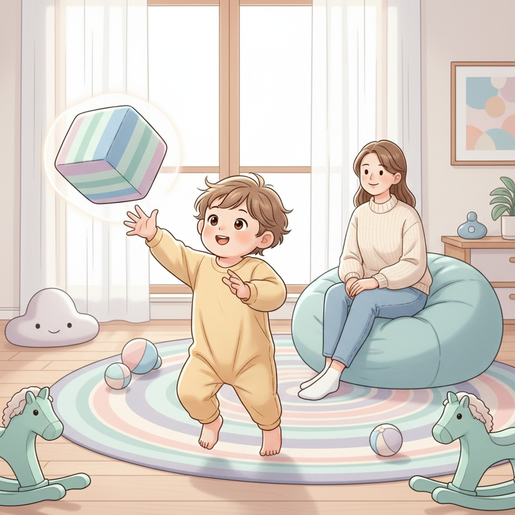 A toddler in a bright, airy living room, mid-throw with a soft block, while a parent calmly observes, with various safe toys scattered around