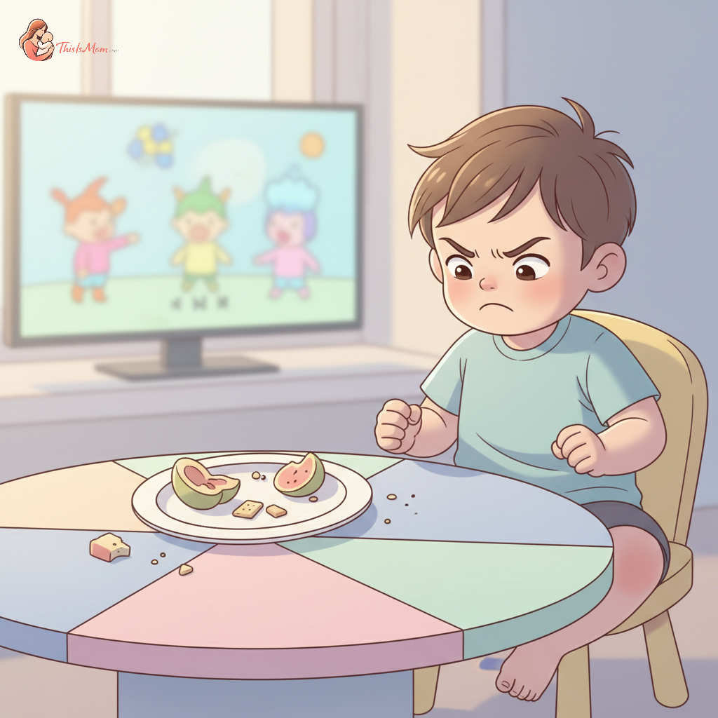 Toddler sitting at a small table, pushing away a plate of healthy snacks with a frustrated expression, while a paused TV screen is visible in the background.