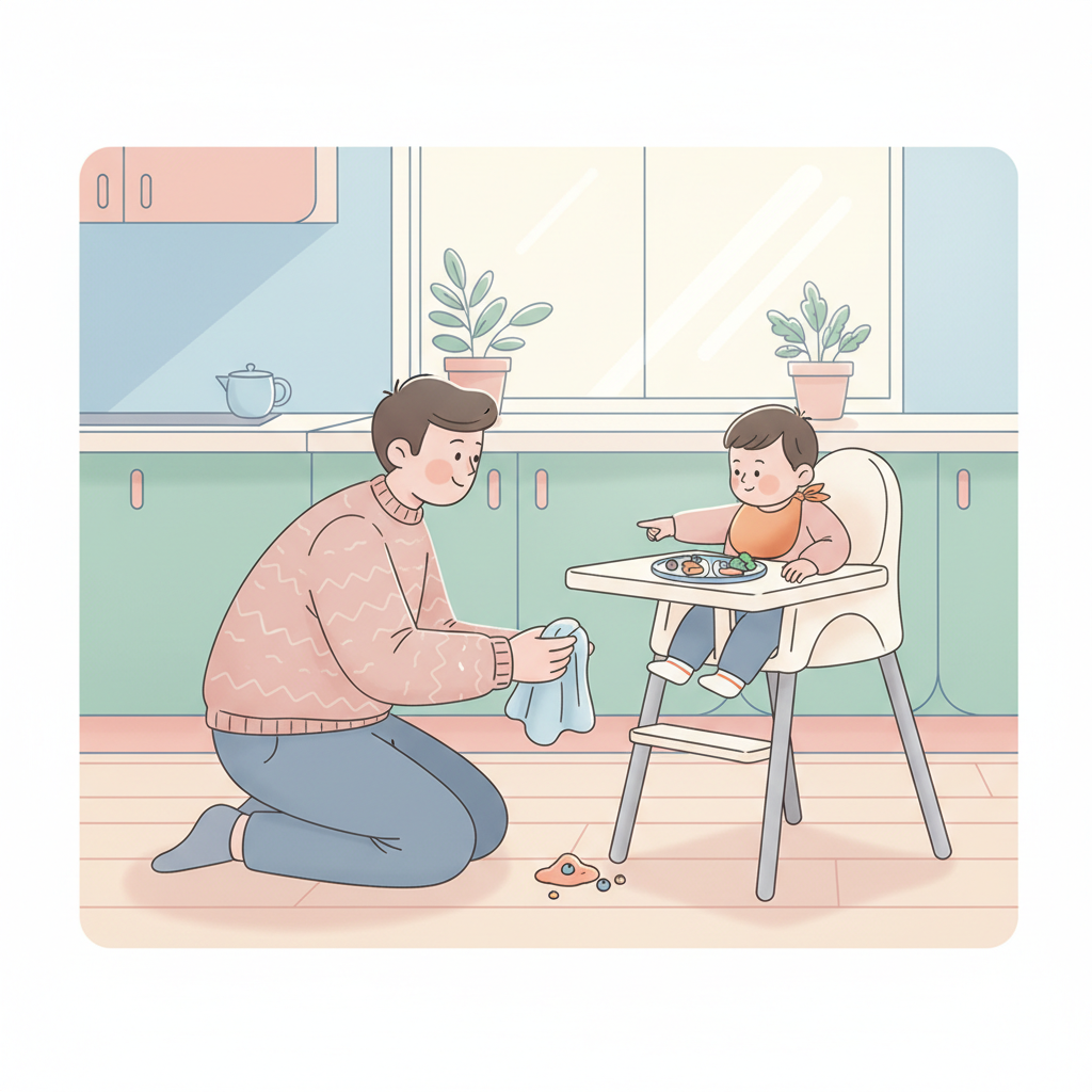 A calm parent gently helping a toddler clean up a small amount of spilled food from the floor next to a high chair, illustrating patience and gentle guidance