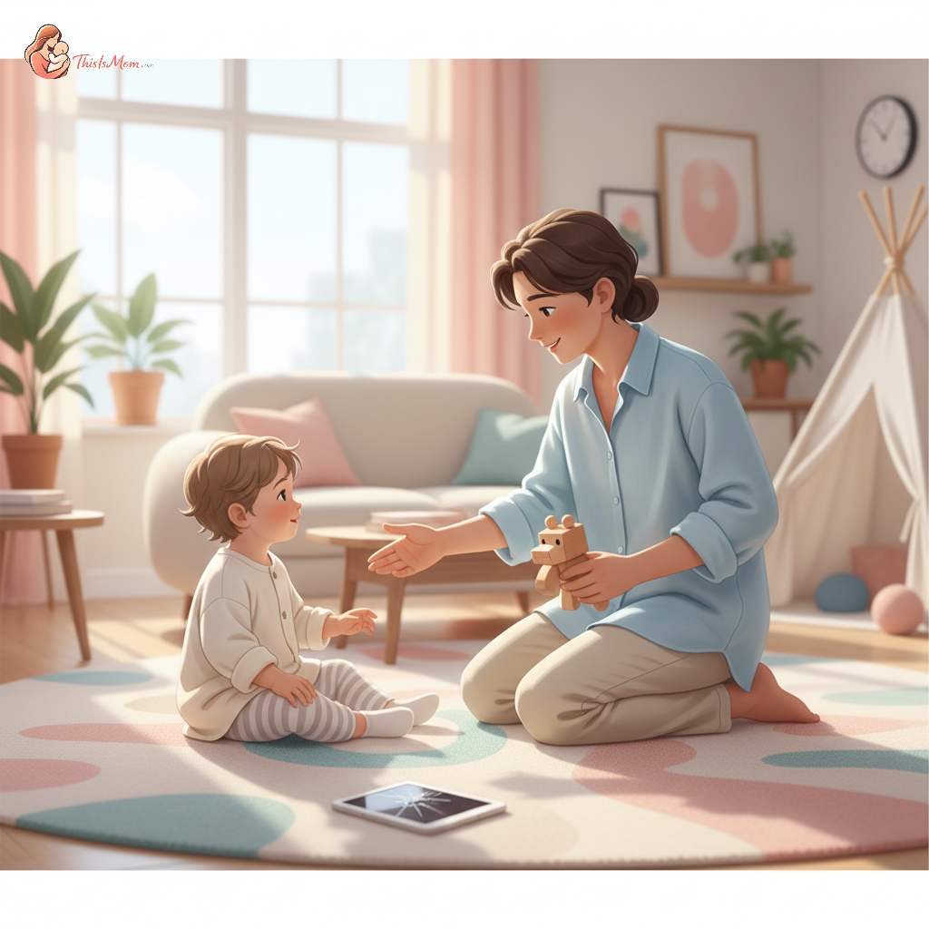A frustrated toddler sitting on a rug with an iPad nearby, a parent kneeling gently beside them offering a toy, illustrating a moment of transition after screen time.