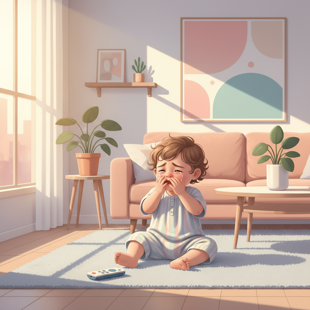 Toddler looking upset while a TV remote is held just out of reach.
