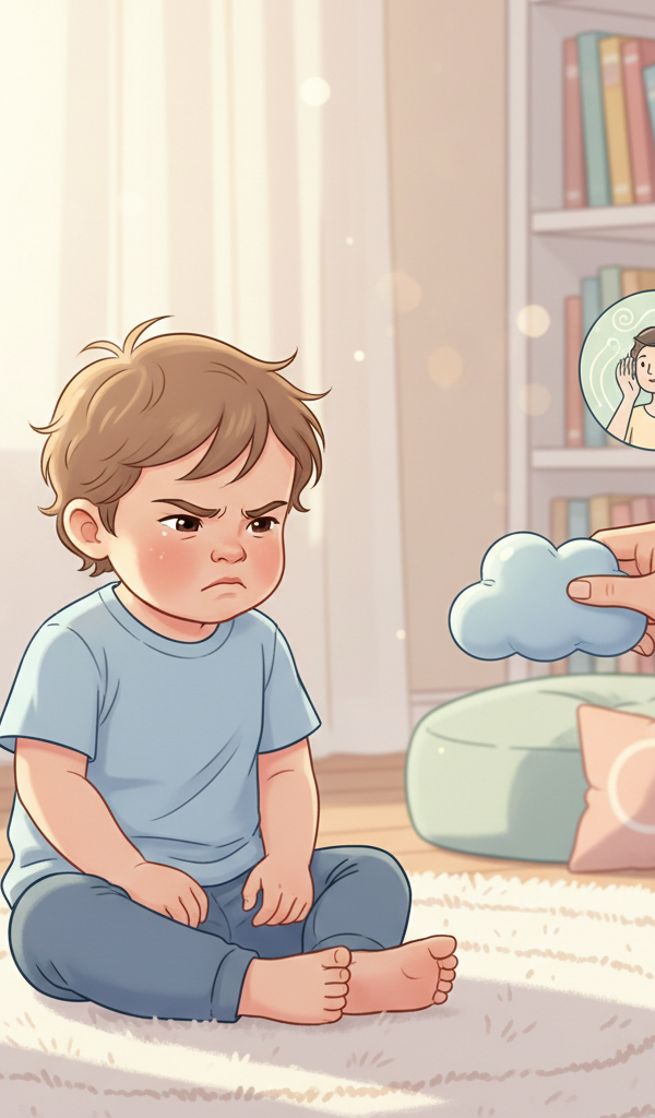 Toddler sitting on the floor looking frustrated, surrounded by soft toys, with a parent gently offering a comfort item or engaging in a calm activity to teach coping skills