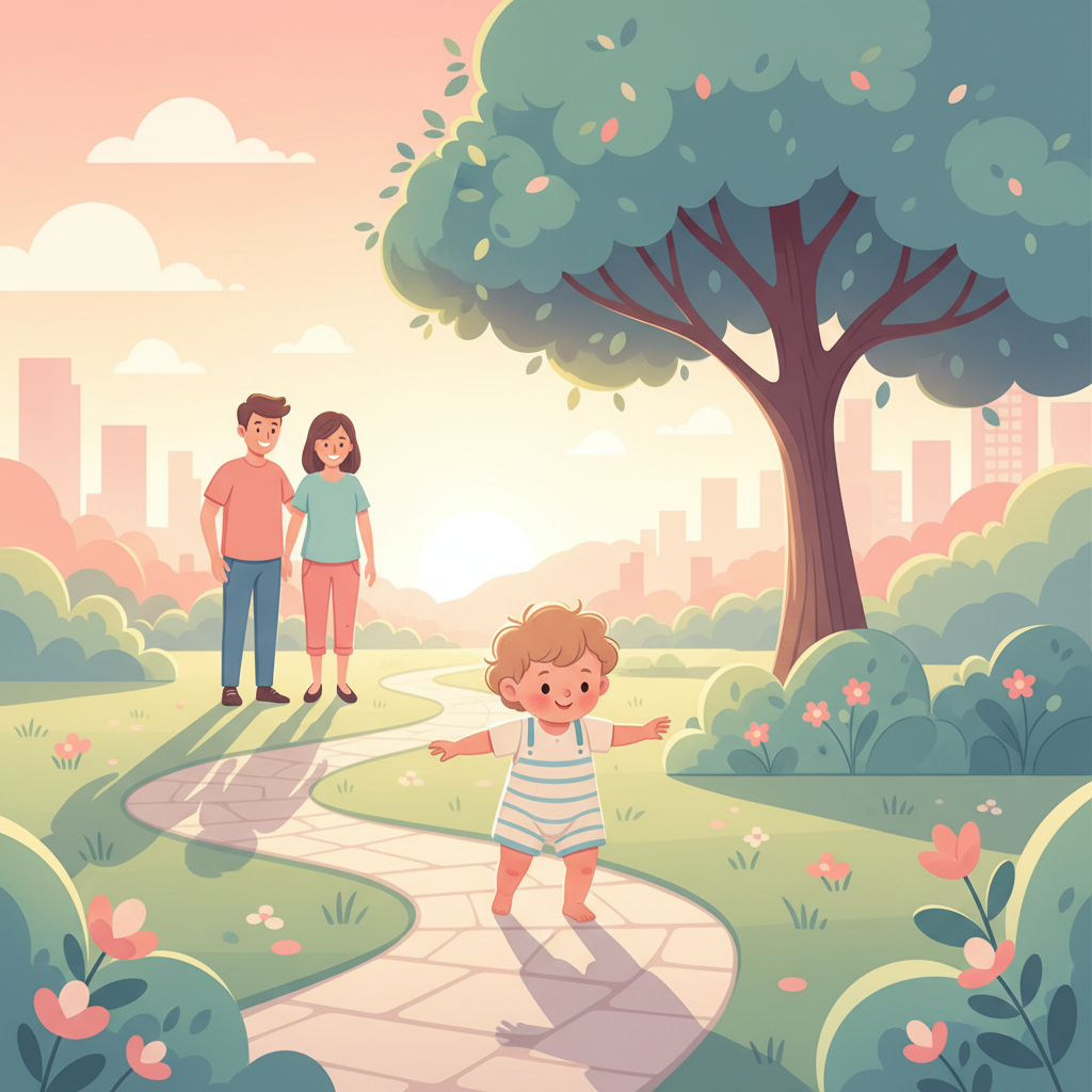 A toddler walking on their tiptoes on green grass with parents observing.