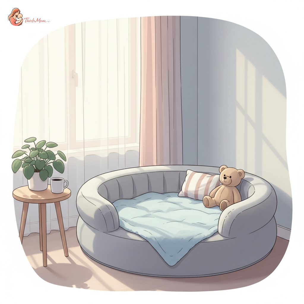 An inflated, grey toddler travel bed with raised sides, placed on the floor of a small, tidy hotel room. A toddler's stuffed animal rests on the bed.