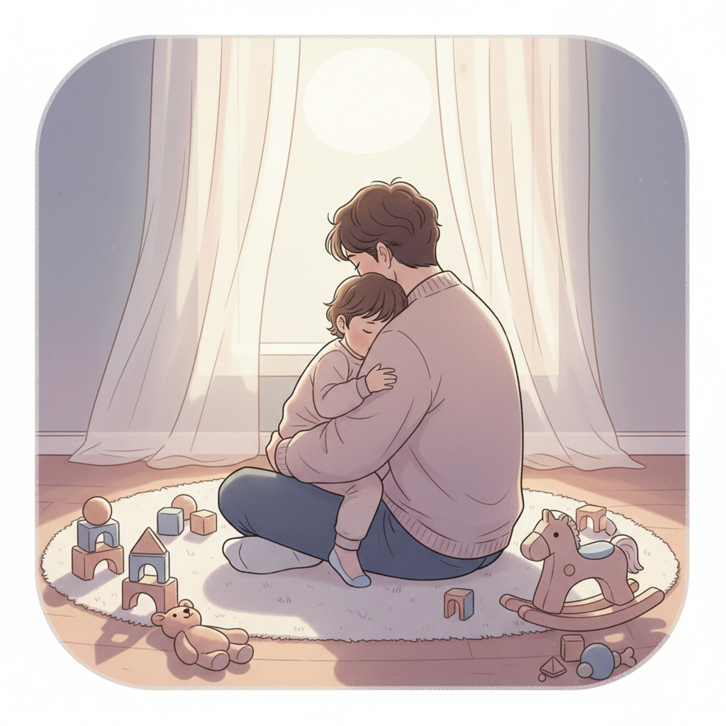 A tired parent holding a toddler who is starting to wake up in a dimly lit nursery.