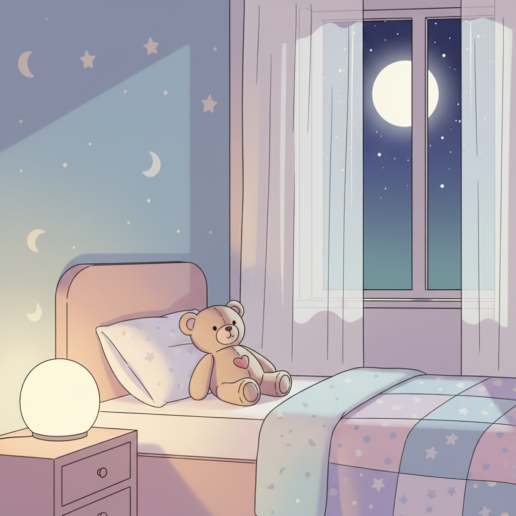 A dimly lit toddler bedroom with soft shadows from a nearby nightlight, showing a child's bed with a stuffed animal.