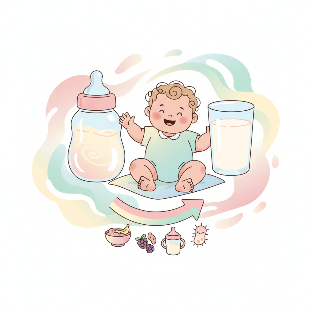 A baby sitting in a high chair, happily drinking from a sippy cup with a soft smile.