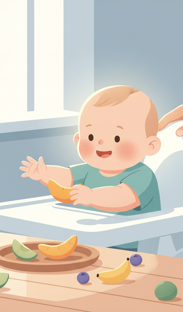 Happy 12-month-old baby sitting in a high chair, joyfully eating soft, colorful table food with their hands, overseen by a gentle parent.