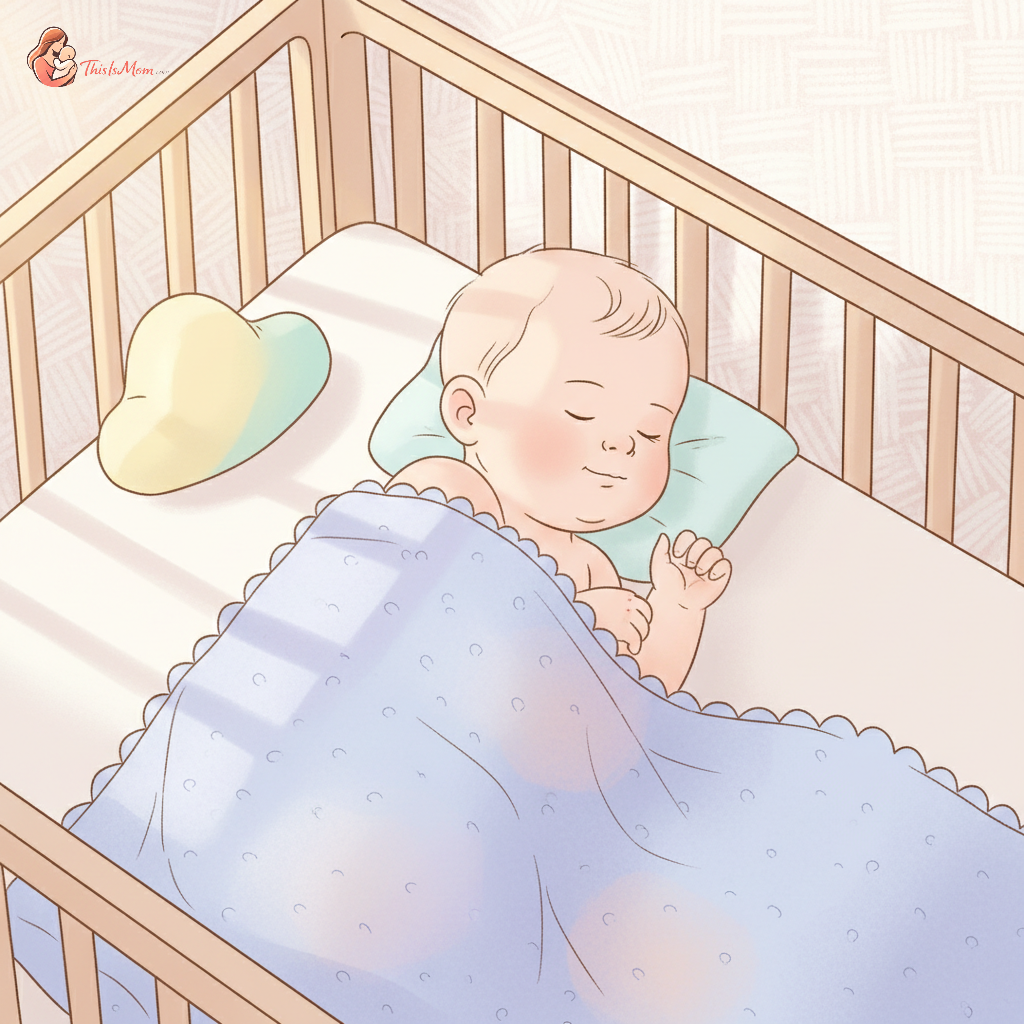 A peaceful 12-month-old baby sleeping soundly in a crib with soft light, symbolizing a successful nap transition.