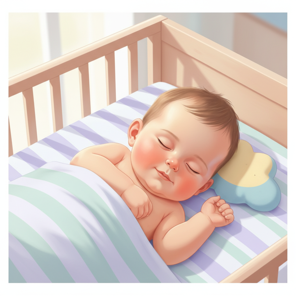 A peaceful 7-month-old baby sleeping soundly in a crib, with soft lighting and a nearby baby monitor, representing a successful nap transition.