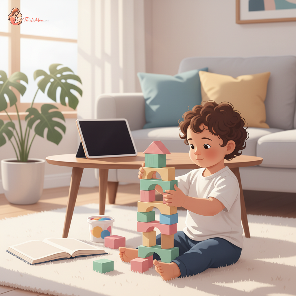 A toddler happily building with colorful blocks on a rug, with a soft, out-of-focus background that suggests a recently turned-off screen, surrounded by other inviting toys like a book and playdough.