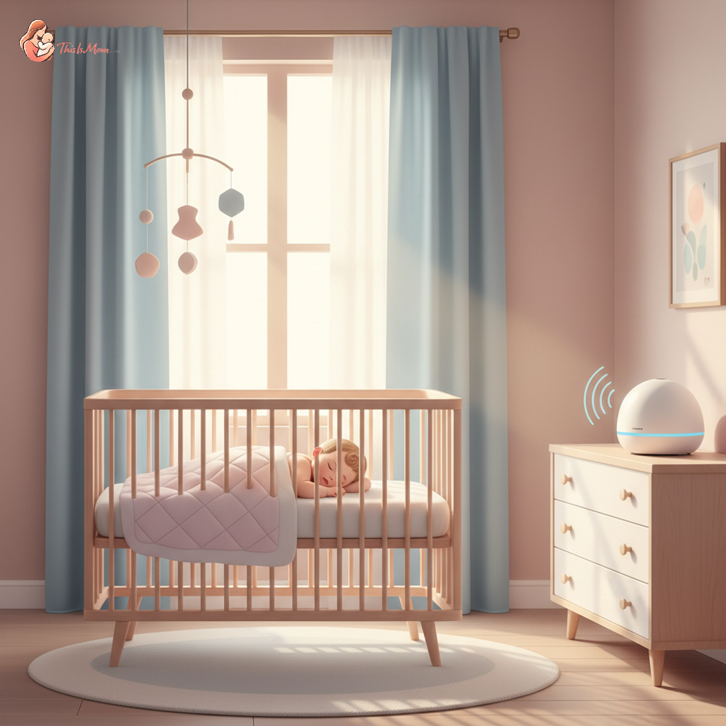 A peaceful baby sleeping soundly in a safe, bare crib in a softly lit nursery, illustrating the successful transition from co-sleeper to crib.