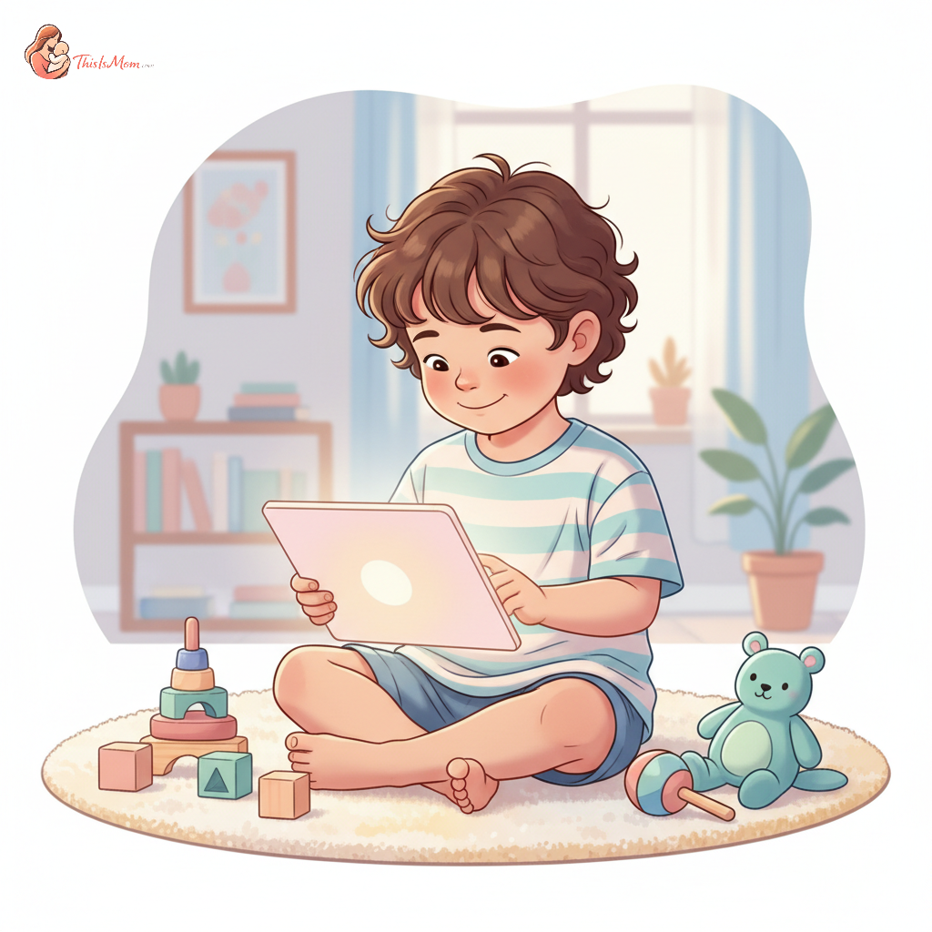 A child happily engaged with an educational app on a tablet, surrounded by colorful building blocks and a cozy blanket, suggesting a fun and enriching learning experience.