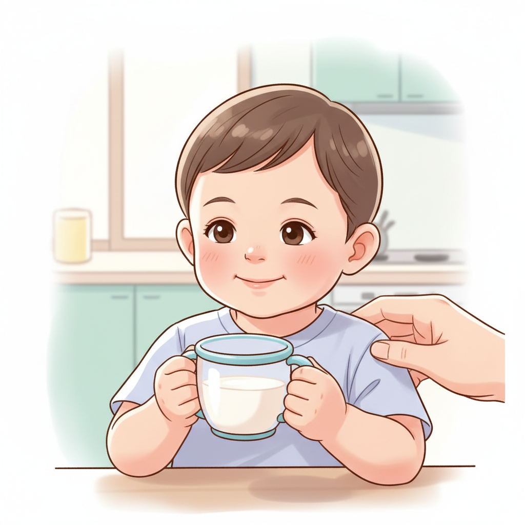 A happy toddler, approximately 1 year old, holding a small cup of milk, with a parent’s arm gently guiding, in a bright and child-friendly kitchen setting.